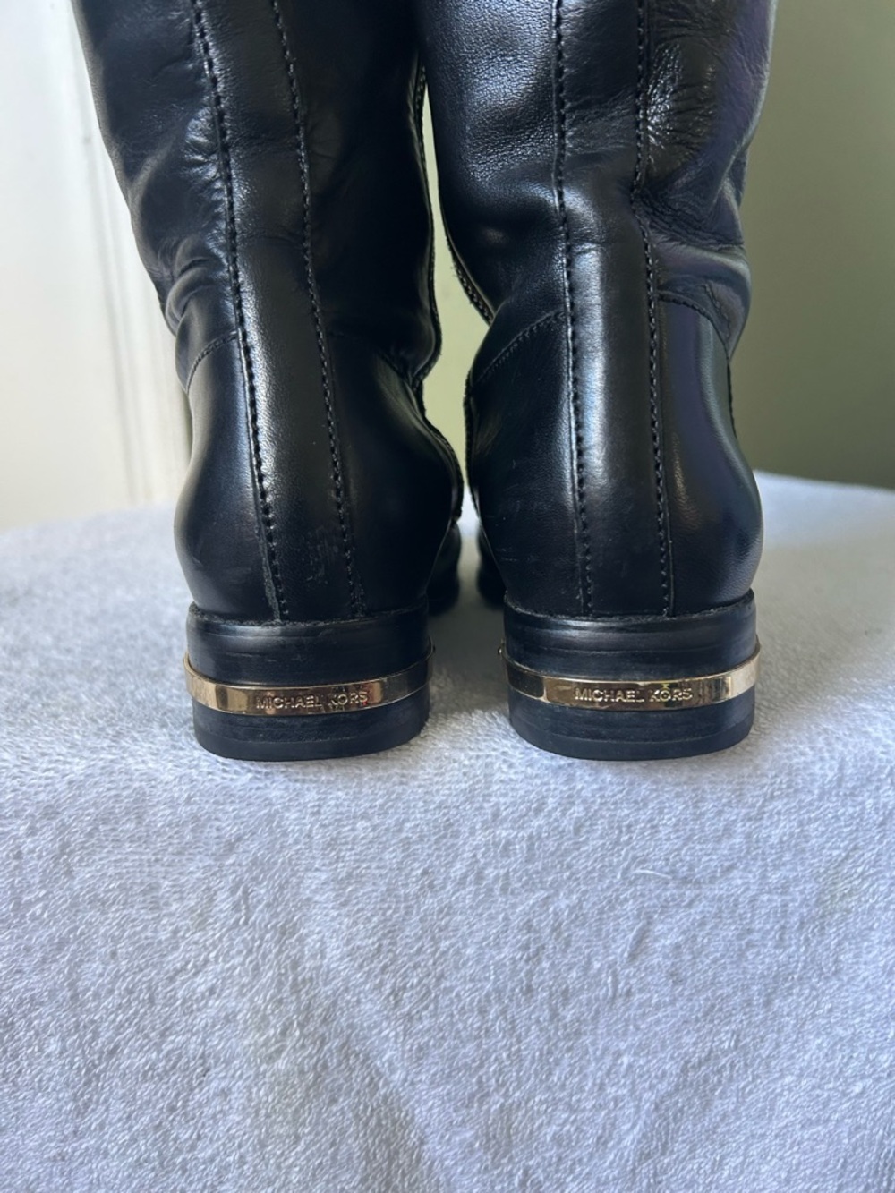 Michael Kors Black Leather Tall Boots with Brown Cuff and Gold MK - Picture 7 of 15